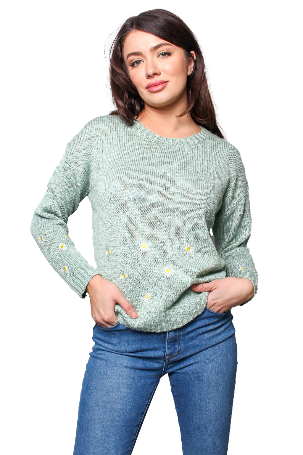 Women's Long Sleeves Crew Neck Daisy Print Knitted Top