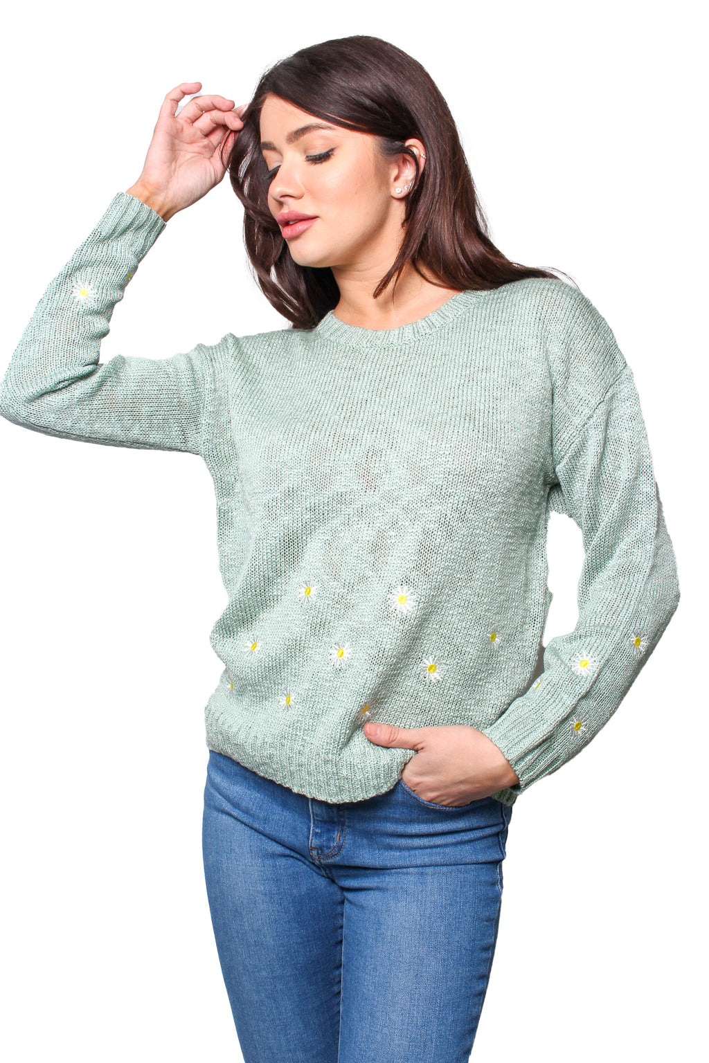 Women's Long Sleeves Crew Neck Daisy Print Knitted Top