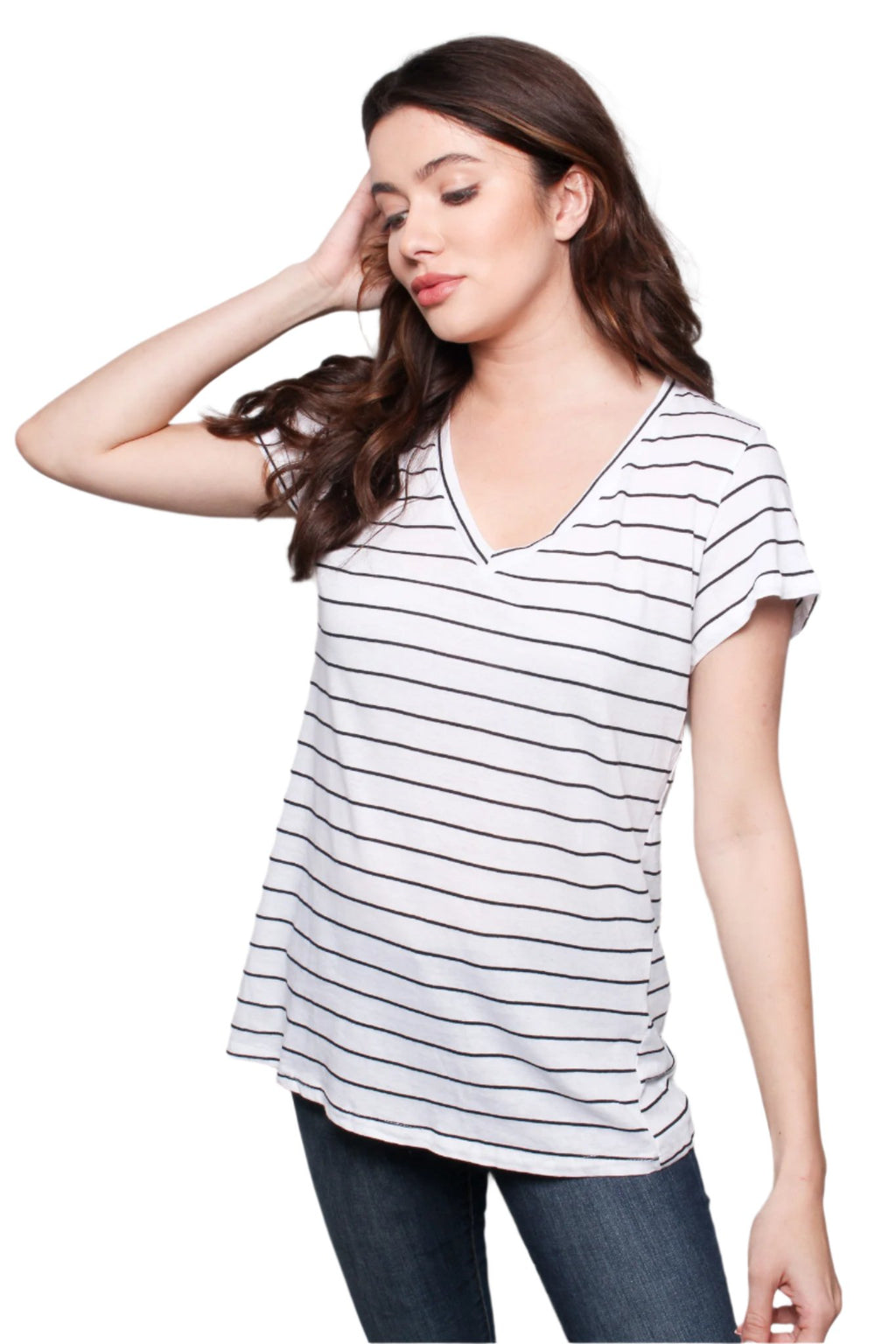 Women's Short Sleeves V Neck Stripe Comfy Shirt