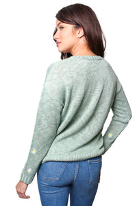 Women's Long Sleeves Crew Neck Daisy Print Knitted Top