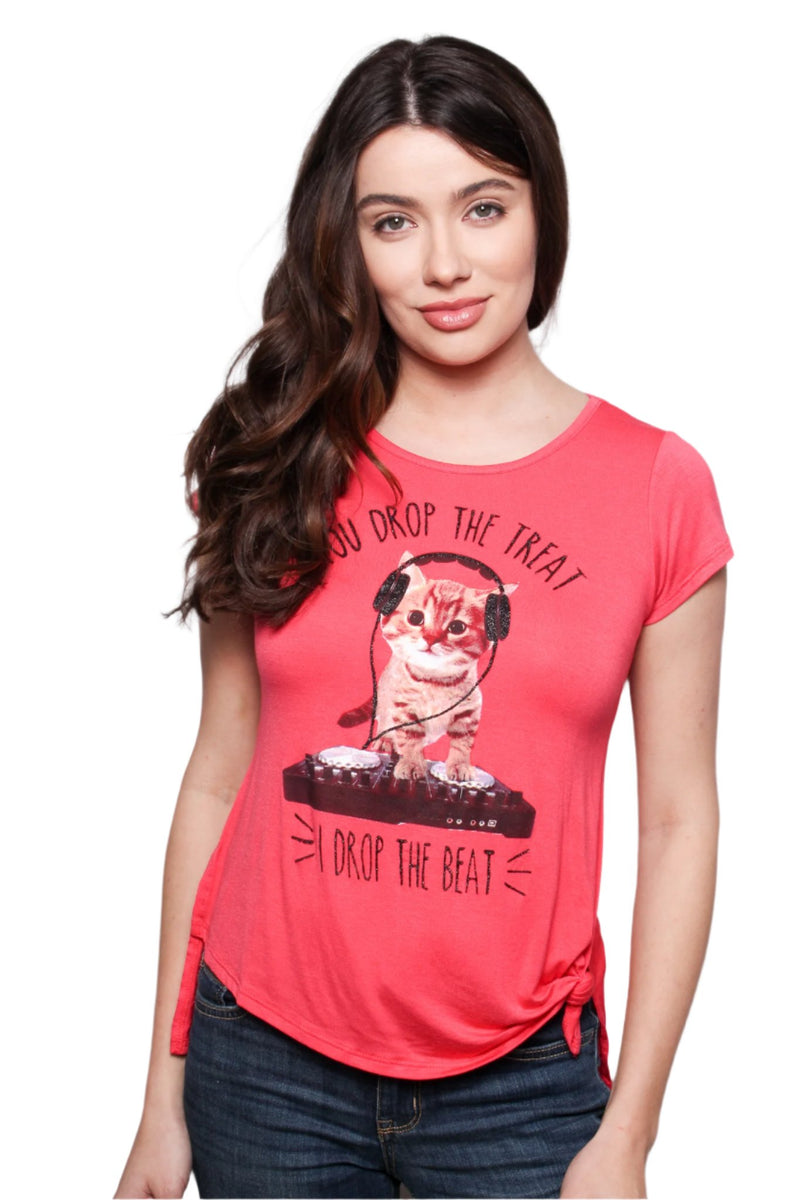 Women's Short Sleeves Round Neck High Low Side Knot Cat Print Tee