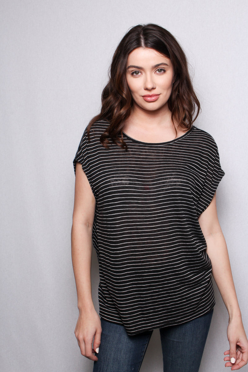 Women's Short Sleeves Scoop Neck Twisted Knot Back Stripes Top