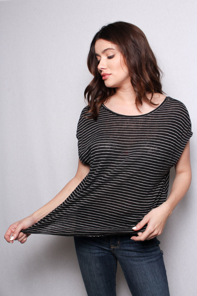 Women's Short Sleeves Scoop Neck Twisted Knot Back Stripes Top
