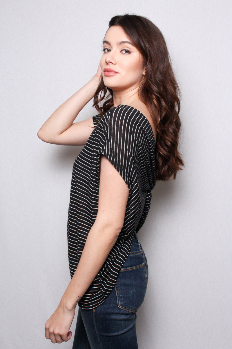 Women's Short Sleeves Scoop Neck Twisted Knot Back Stripes Top
