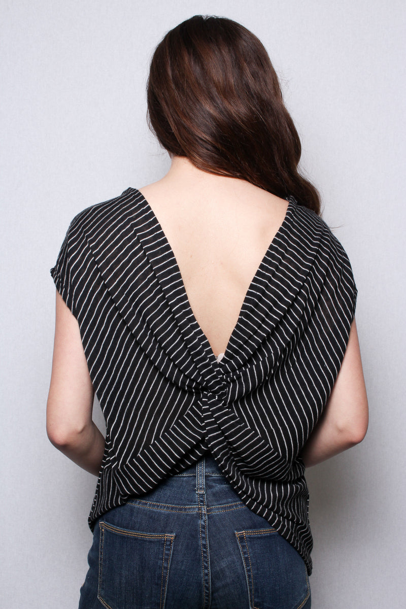 Women's Short Sleeves Scoop Neck Twisted Knot Back Stripes Top