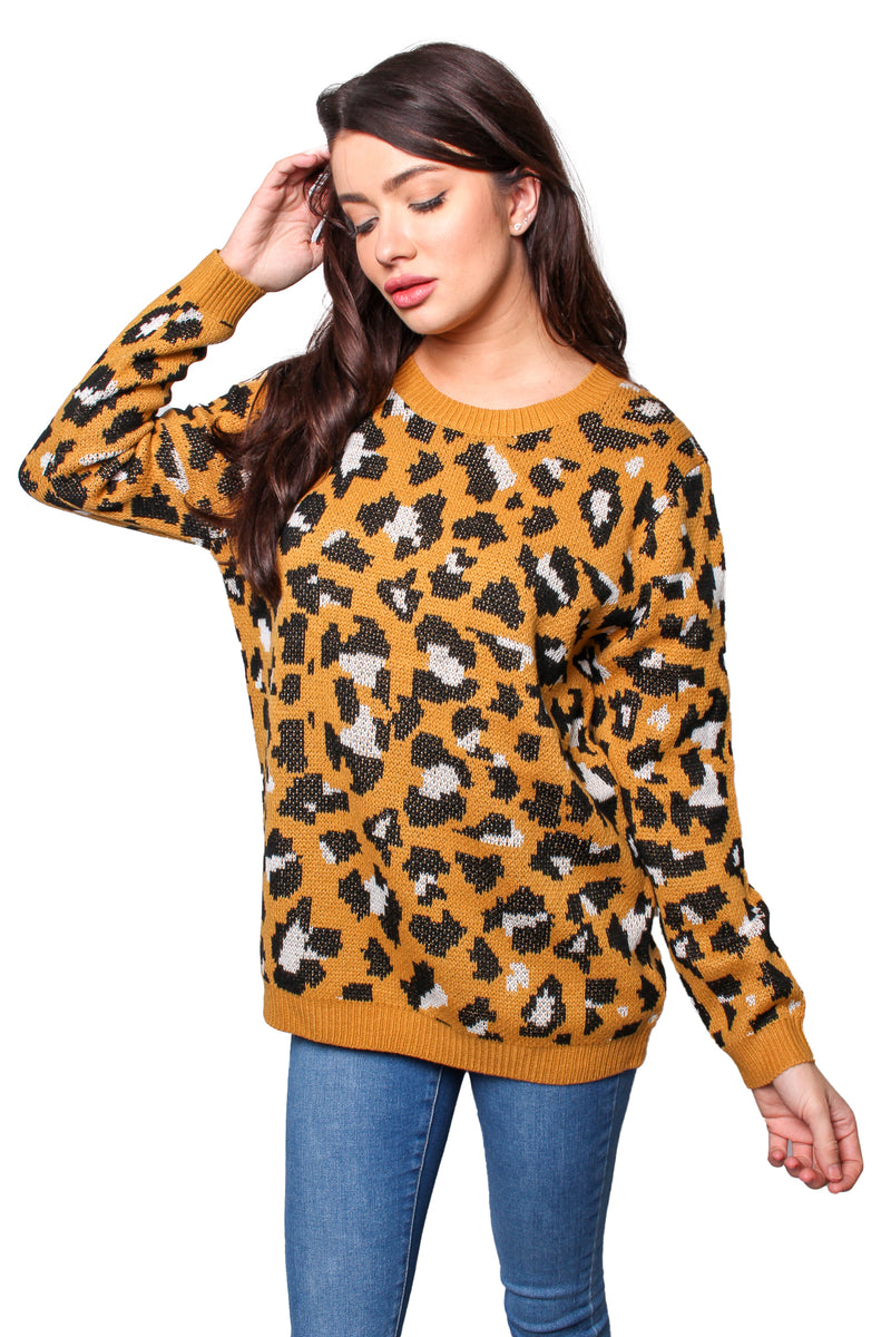 Women's Long Sleeves Leopard Print Knitted Jacquard Sweater