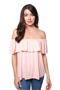 Women's Two Way Short Sleeve Ruffle Off Shoulder Solid Top