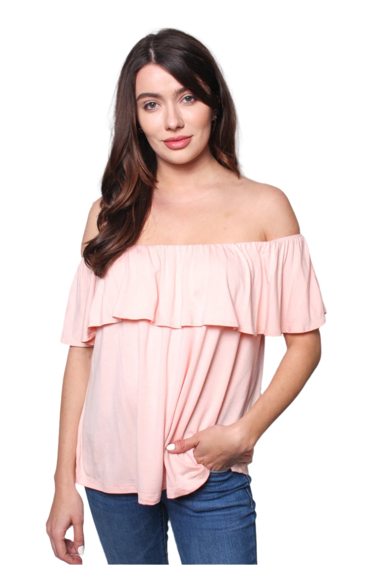 Women's Two Way Short Sleeve Ruffle Off Shoulder Solid Top