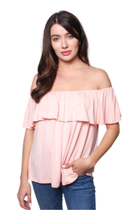 Women's Two Way Short Sleeve Ruffle Off Shoulder Solid Top