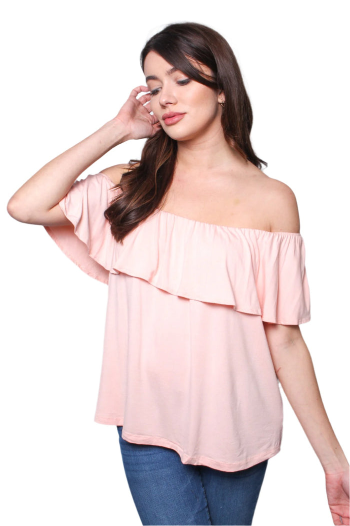 Women's Two Way Short Sleeve Ruffle Off Shoulder Solid Top