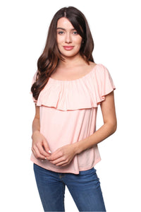 Women's Two Way Short Sleeve Ruffle Off Shoulder Solid Top