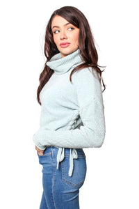 Women's Long Sleeves High Neck Drawstring Knitted Sweater