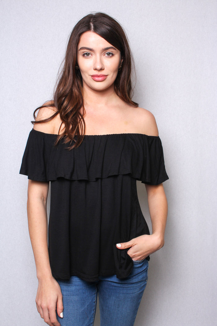 Women's Two Way Short Sleeve Ruffle Off Shoulder Solid Top