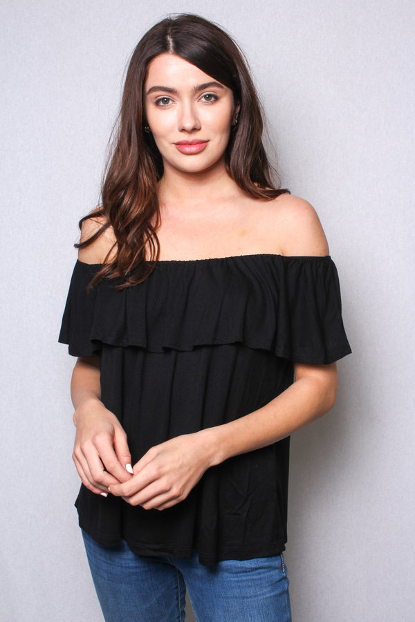 Women's Two Way Short Sleeve Ruffle Off Shoulder Solid Top