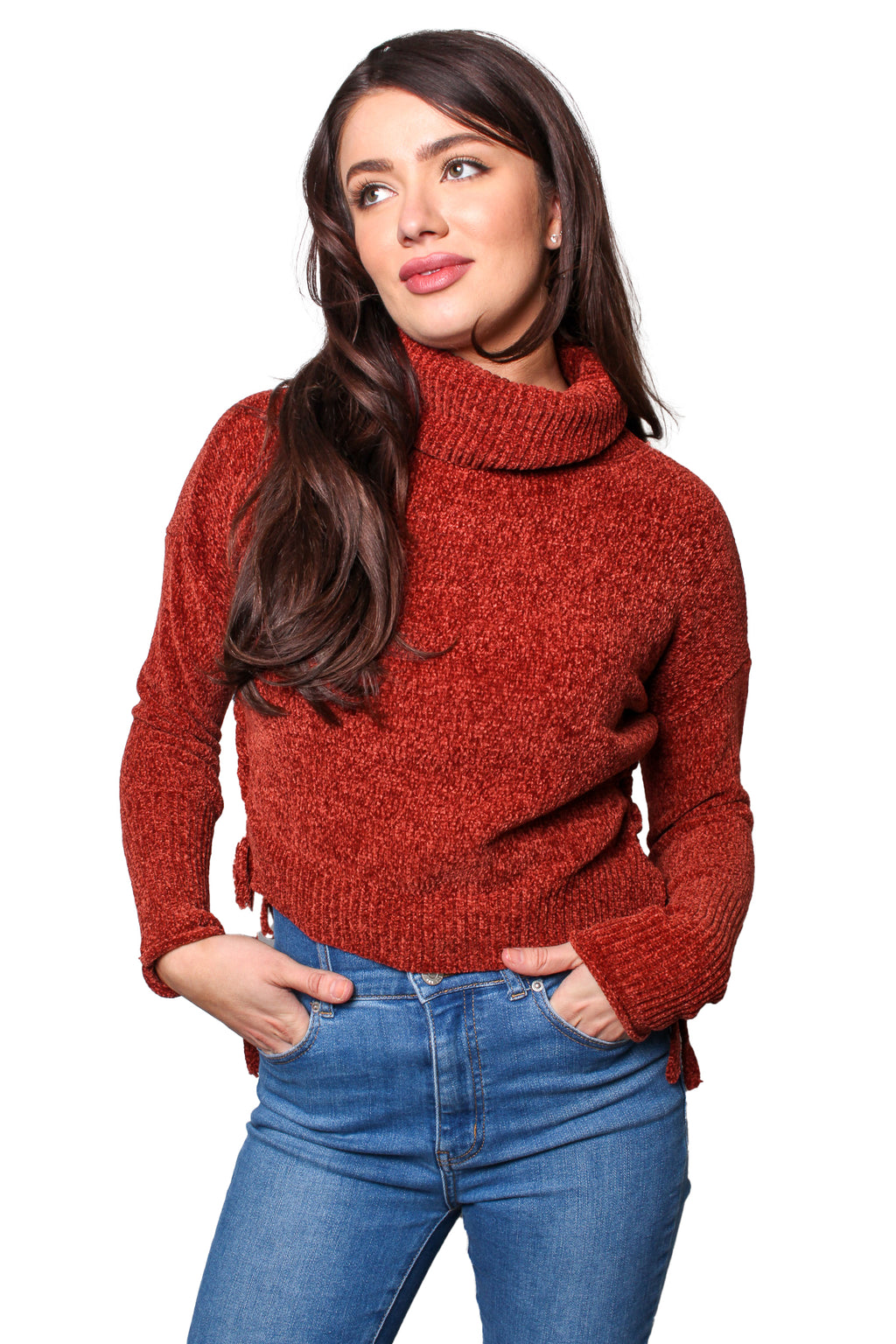 Women's Long Sleeves High Neck Drawstring Knitted Sweater