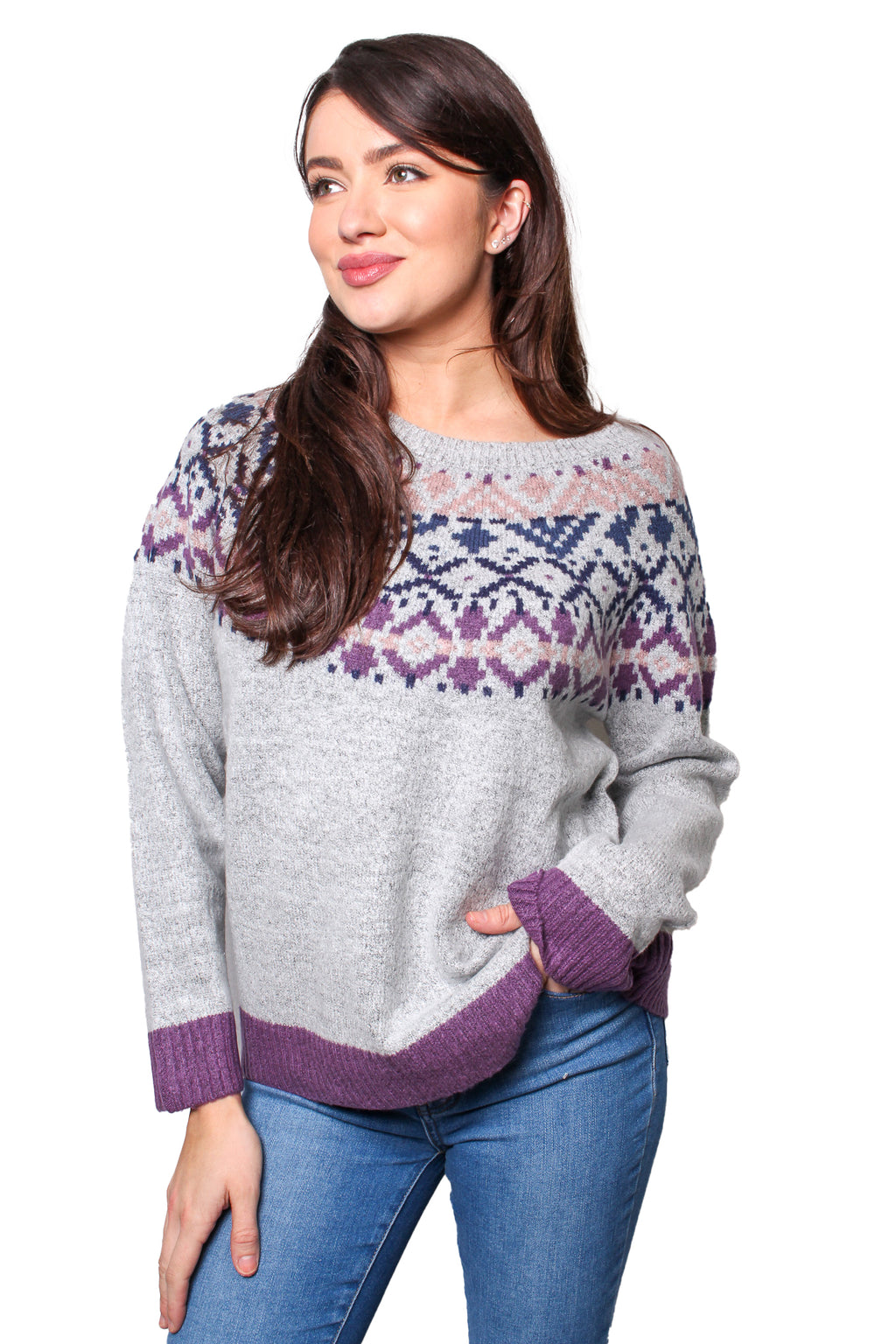 Women's Long Sleeves Round Neck Knitted Jacquard Sweater