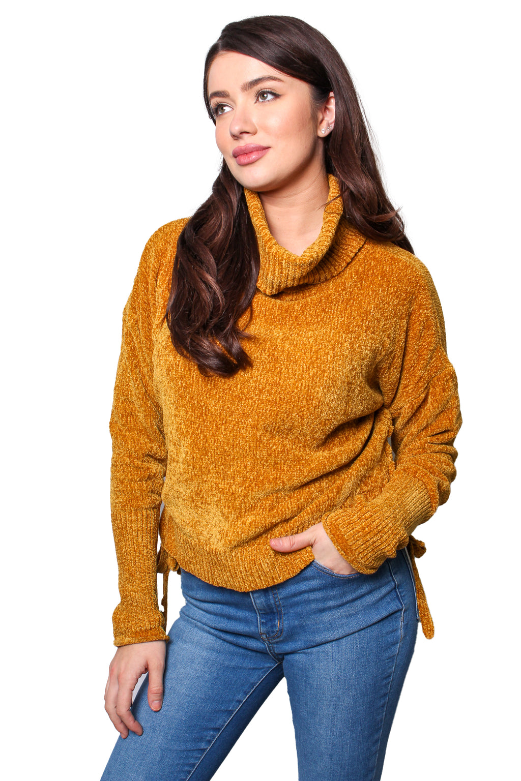 Women's Long Sleeves High Neck Drawstring Knitted Sweater