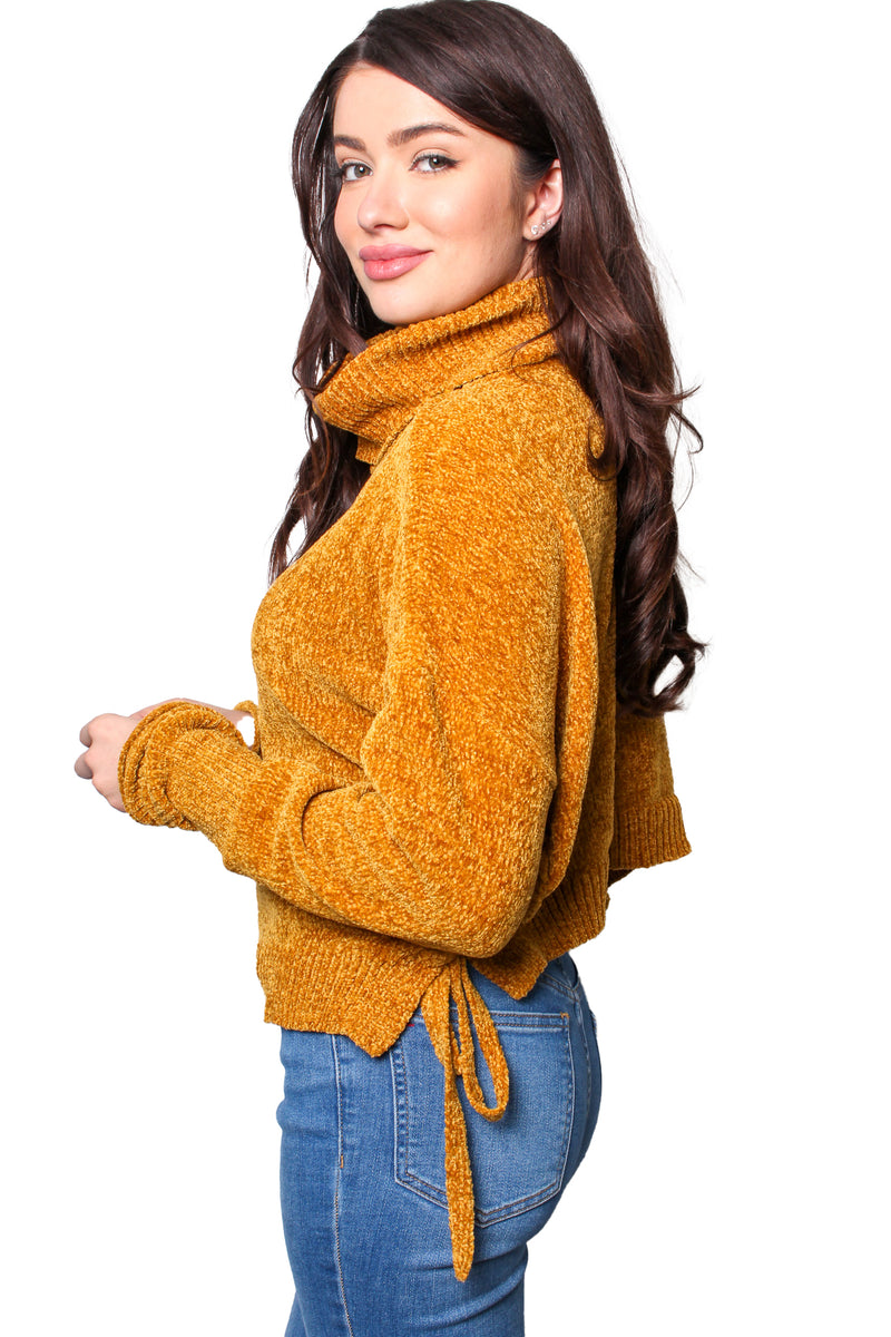Women's Long Sleeves High Neck Drawstring Knitted Sweater