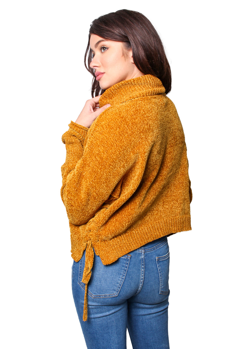 Women's Long Sleeves High Neck Drawstring Knitted Sweater