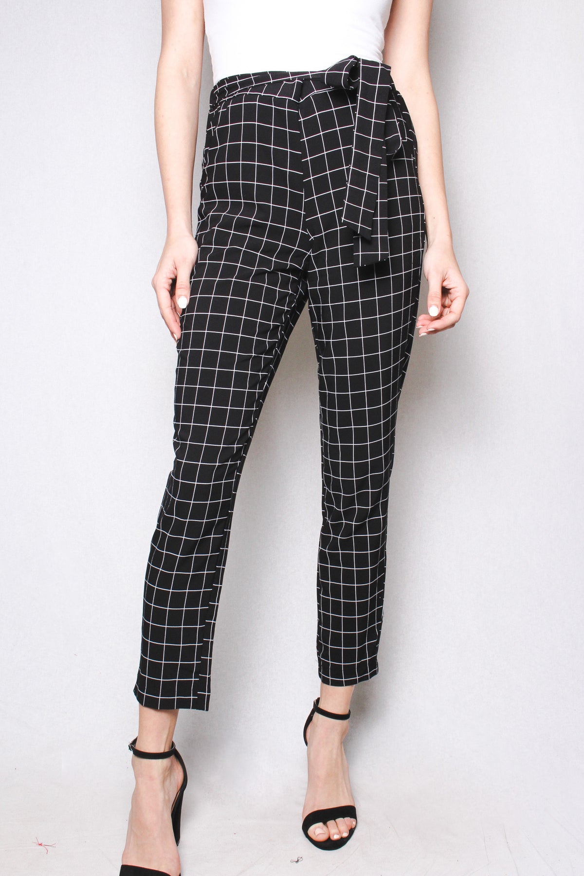 Women's Casual Windowpane Tie Waist Pants