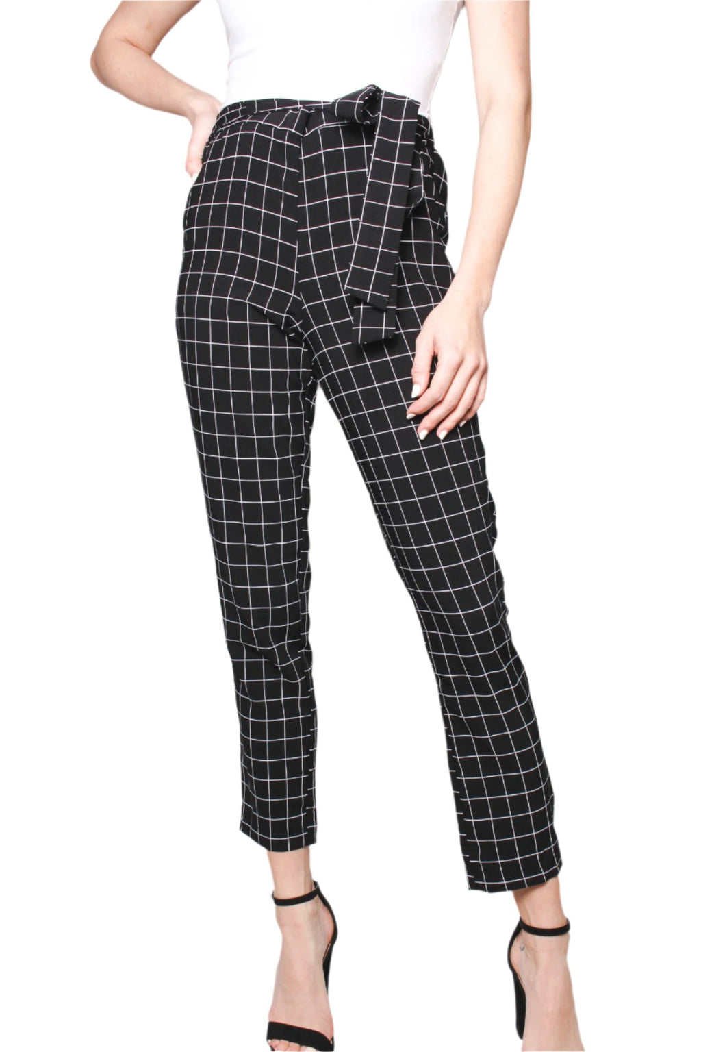 Women's Casual Windowpane Tie Waist Pants