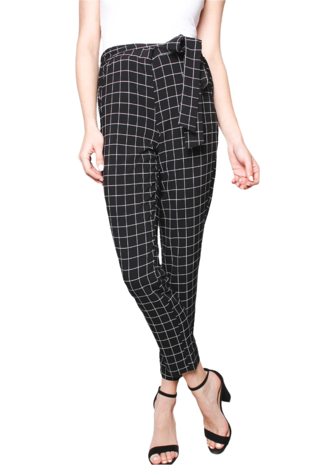 Women's Casual Windowpane Tie Waist Pants