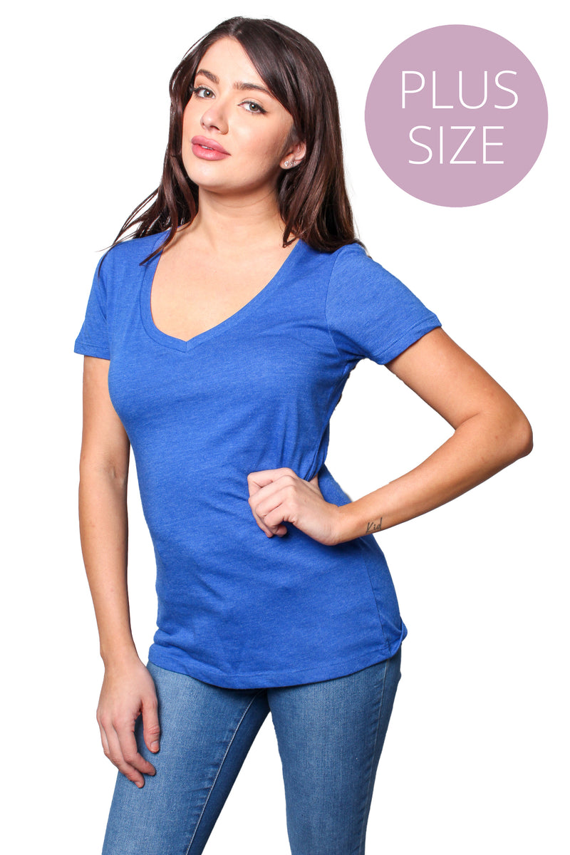 Women's Plus Short Sleeve Deep V Neck Plain Top