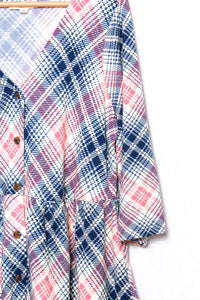 Women's Plus Size 3/4 Sleeves Button Font Peplum Plaid Top
