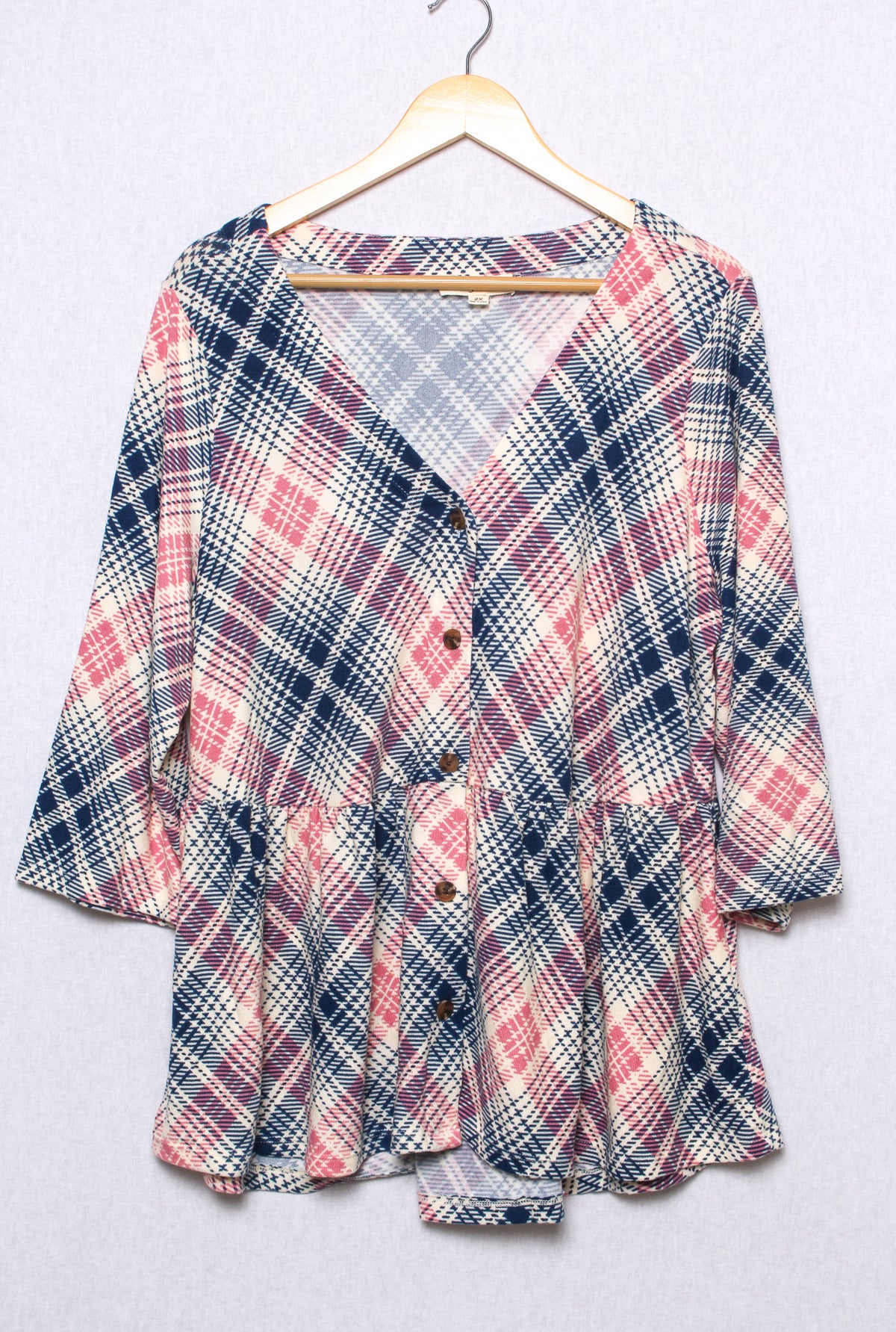 Women's Plus Size 3/4 Sleeves Button Font Peplum Plaid Top