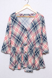 Women's Plus Size 3/4 Sleeves Button Font Peplum Plaid Top