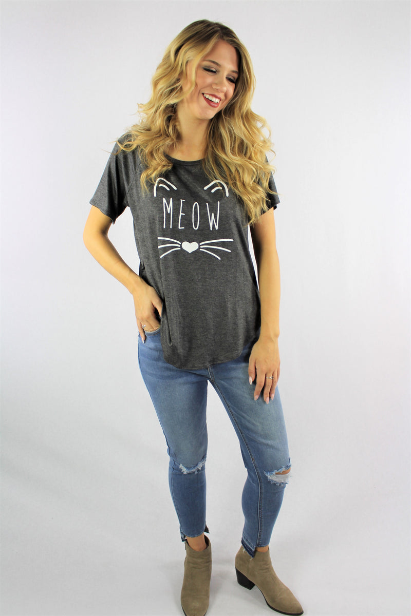 Women's Printed "Meow" Short Sleeve Top