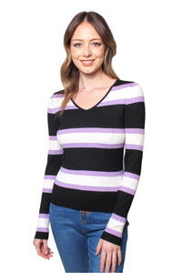 Women's Long Sleeves V Neck Ribbed Stripes Top