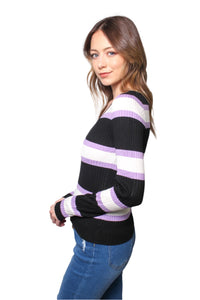 Women's Long Sleeves V Neck Ribbed Stripes Top