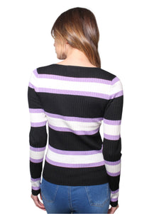 Women's Long Sleeves V Neck Ribbed Stripes Top