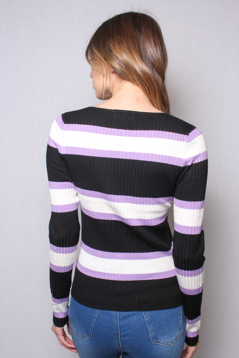 Women's Long Sleeves V Neck Ribbed Stripes Top