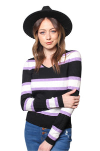 Women's Long Sleeves V Neck Ribbed Stripes Top