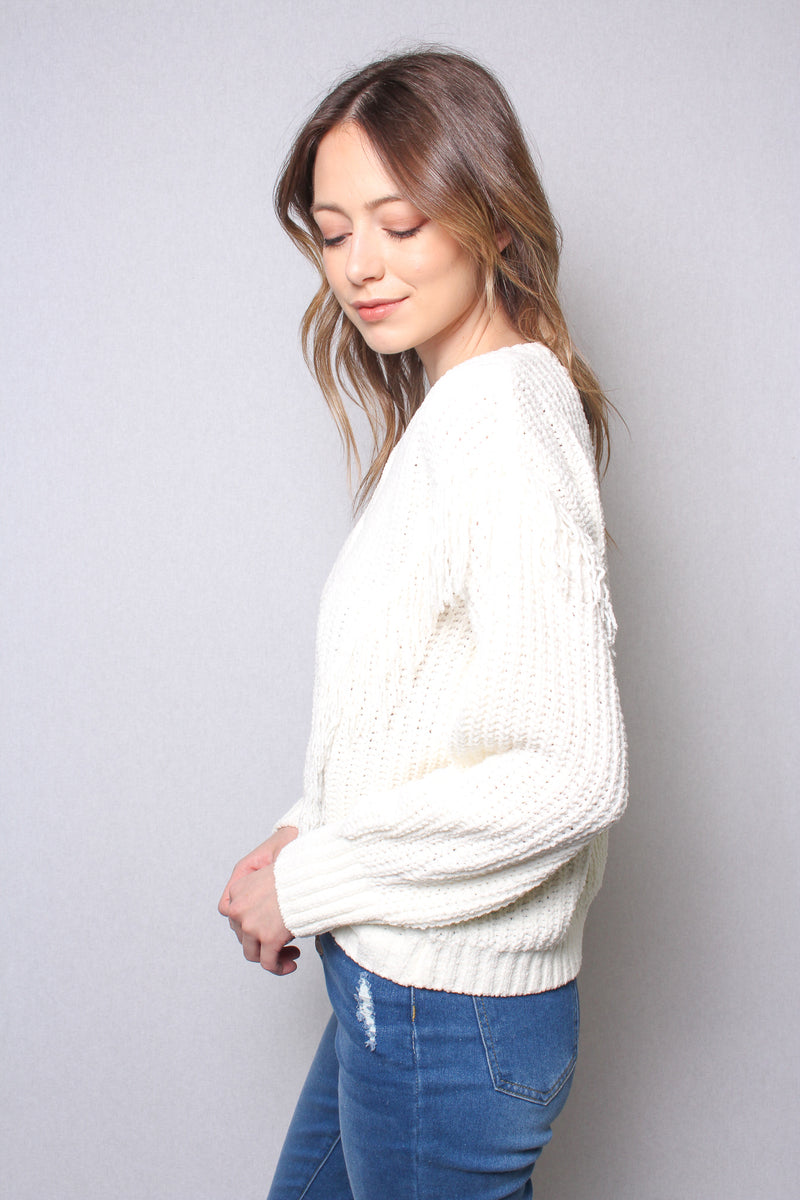 Women's Long Sleeves Round Neck Fringe Knit Sweater Top