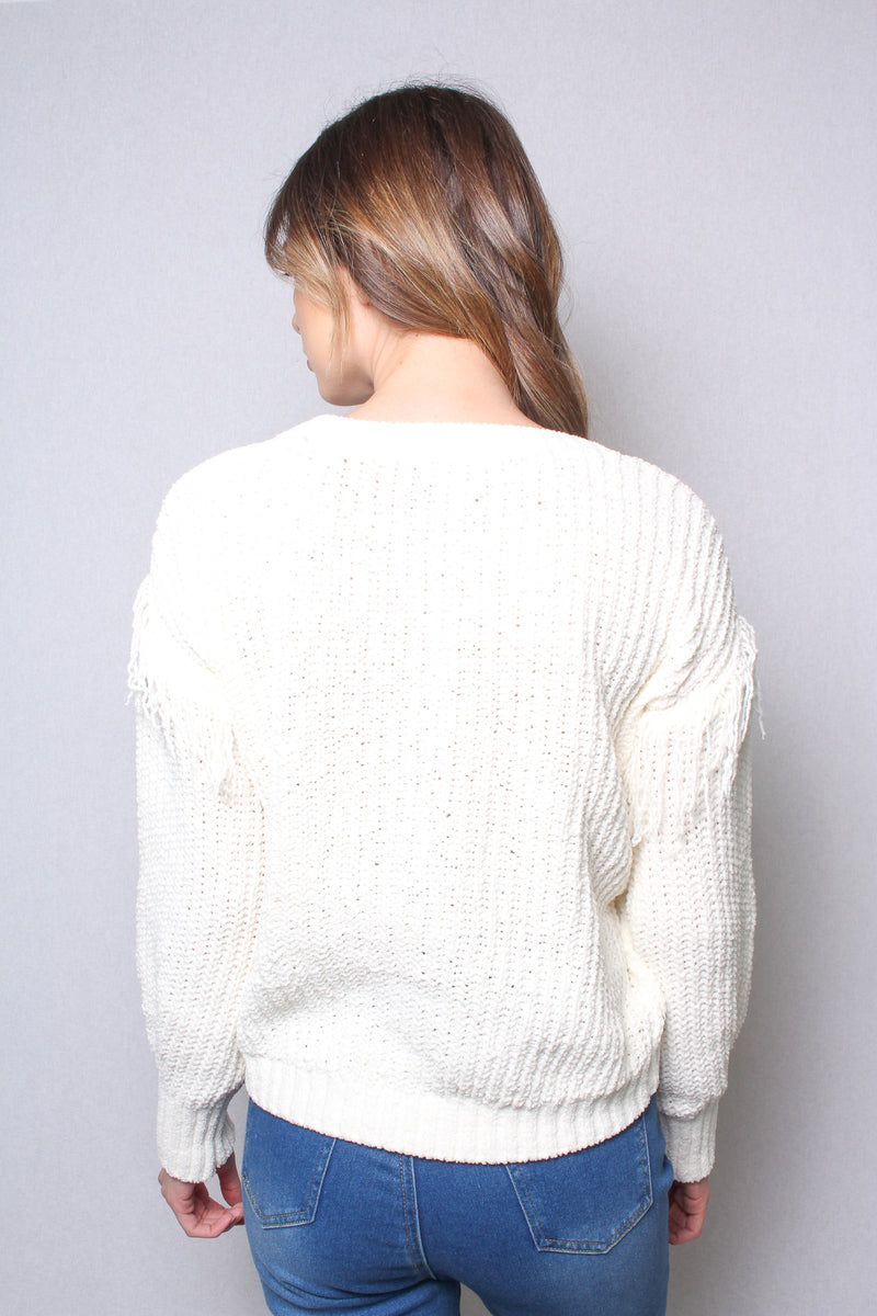 Women's Long Sleeves Round Neck Fringe Knit Sweater Top