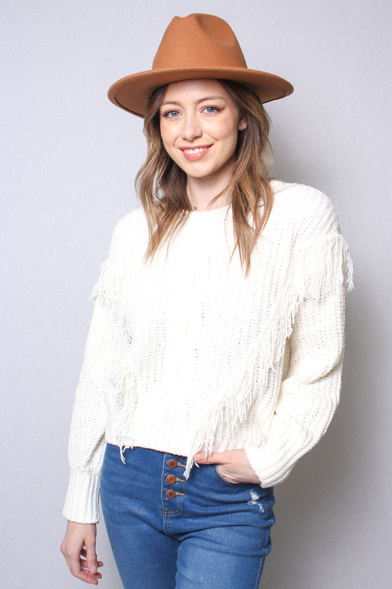 Women's Long Sleeves Round Neck Fringe Knit Sweater Top
