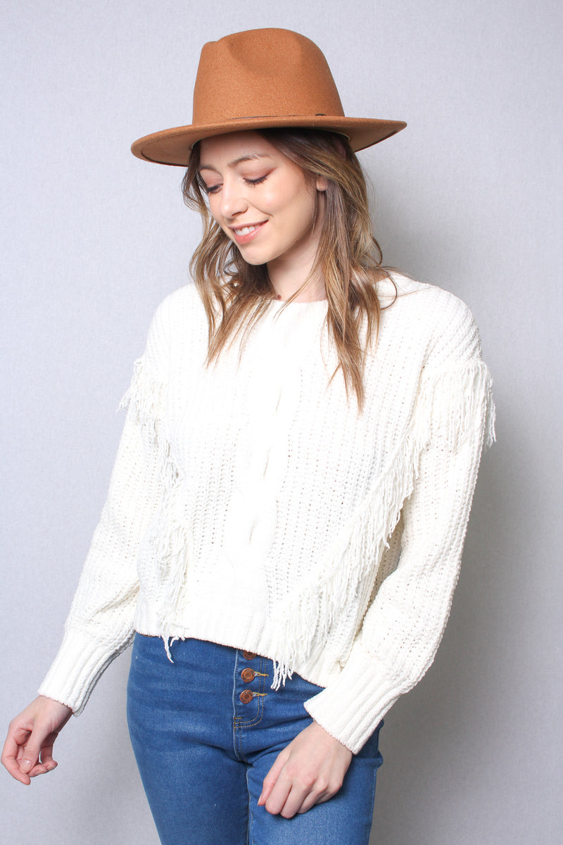 Women's Long Sleeves Round Neck Fringe Knit Sweater Top
