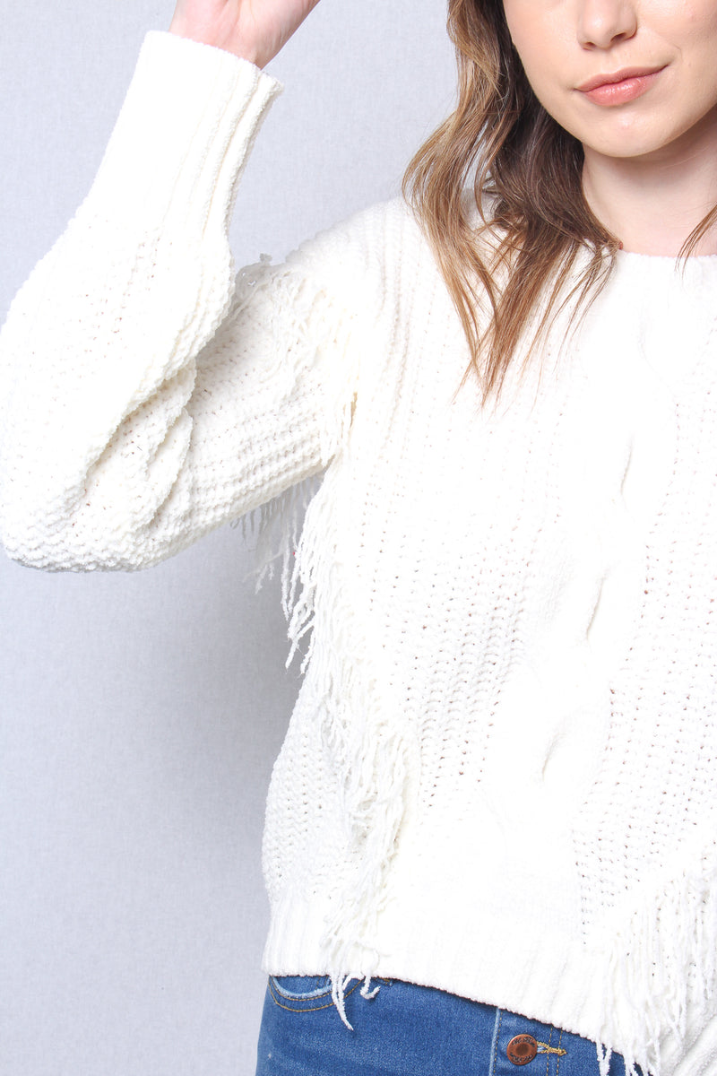 Women's Long Sleeves Round Neck Fringe Knit Sweater Top