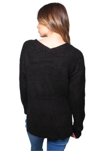 Women's Long Sleeves V Neck Lace Up Knit Sweater Top