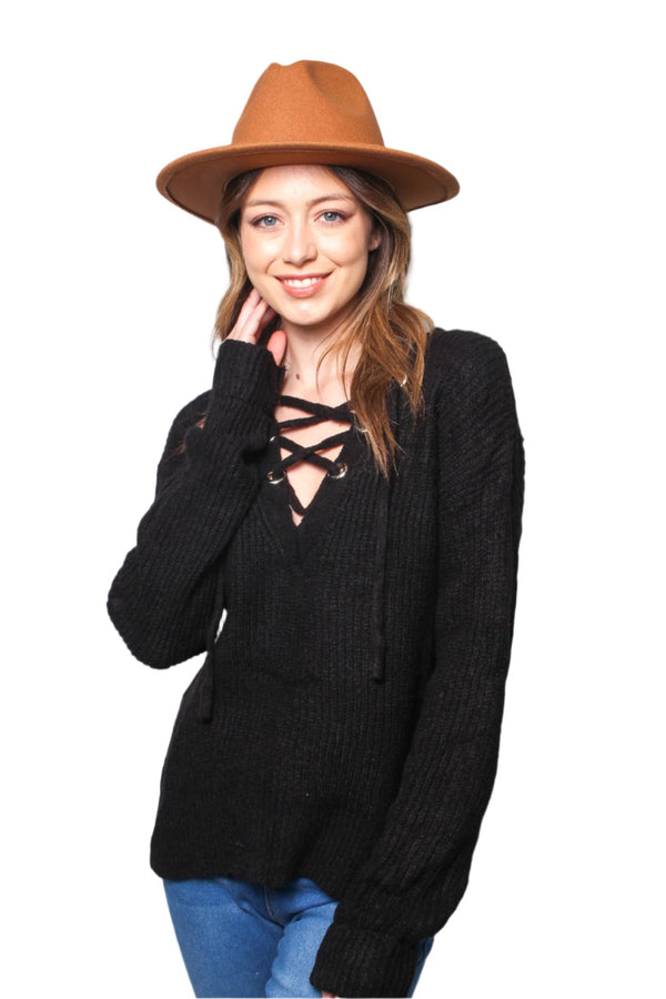 Women's Long Sleeves V Neck Lace Up Knit Sweater Top