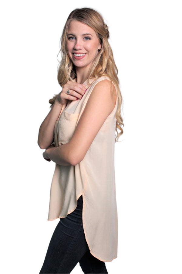 Women's Sleeveless Button Down Top w/ Front Pocket