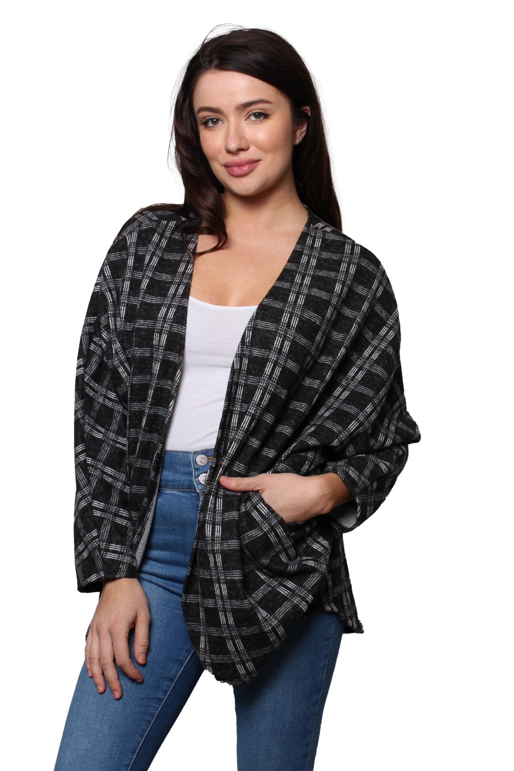Women’s Long Sleeve Open Front Checkered Cardigan