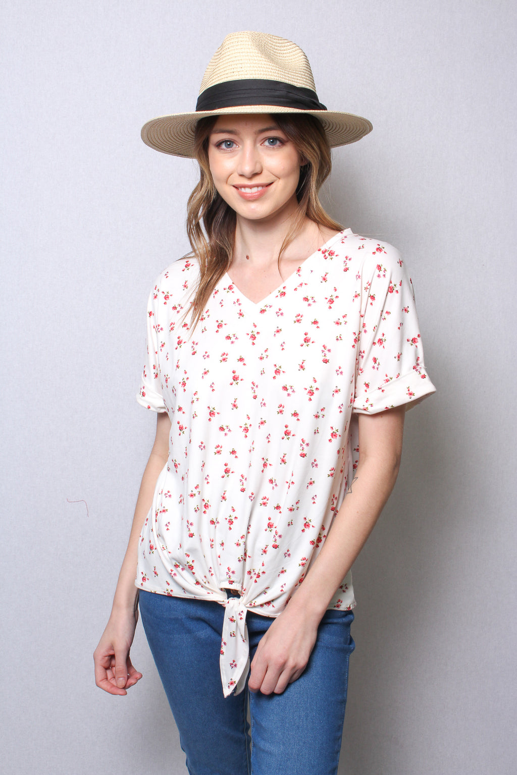 Women's Floral V Neck Top w/ Front Knot