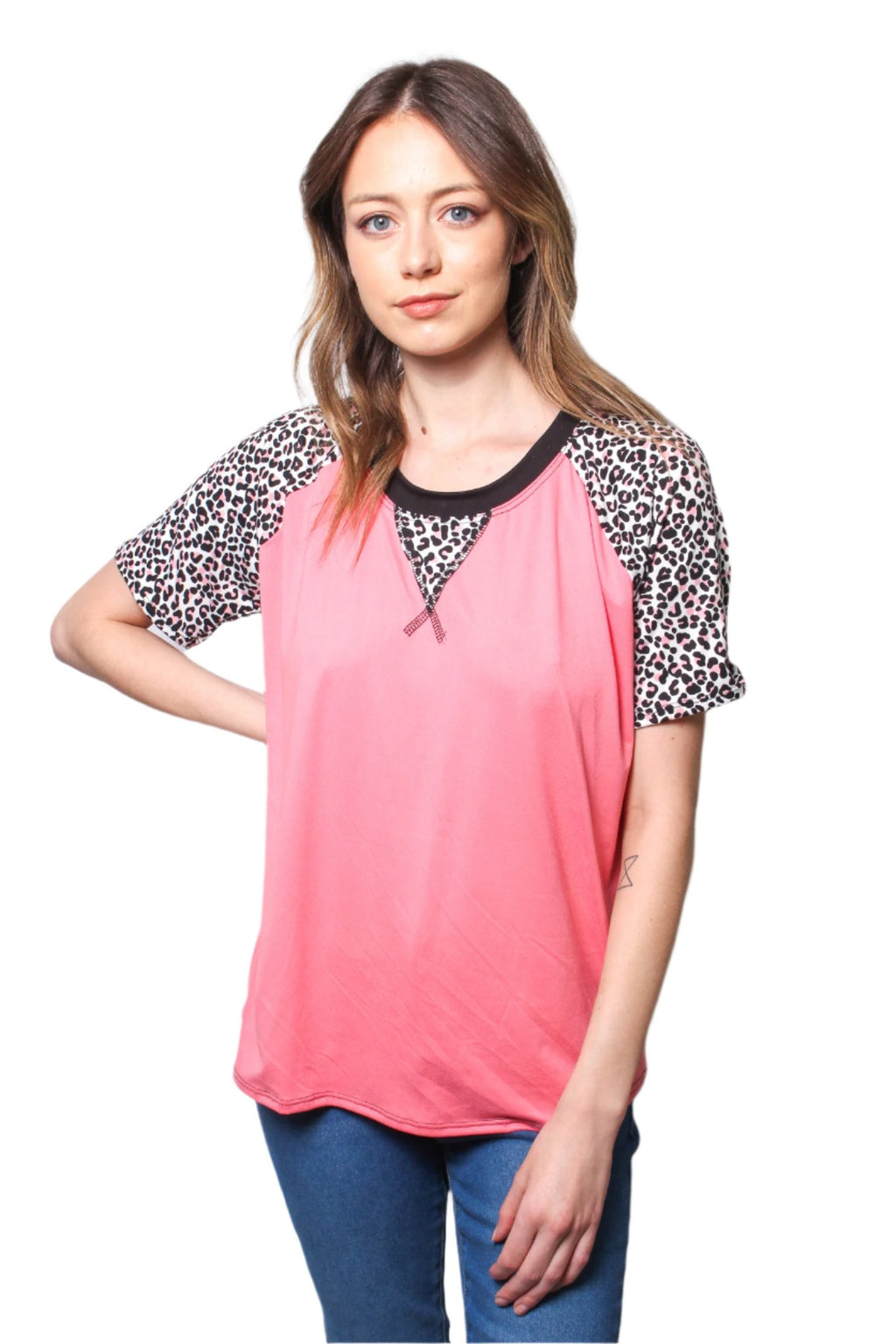 Women's Short Leopard Sleeve V Neck Top