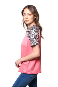 Women's Short Leopard Sleeve V Neck Top