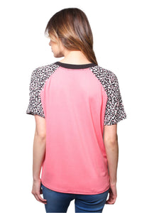 Women's Short Leopard Sleeve V Neck Top