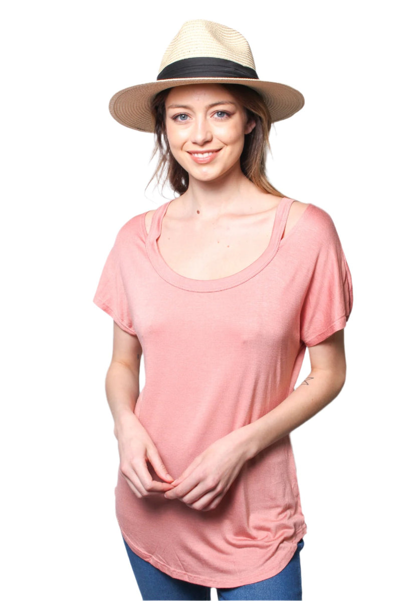 Women's Short Sleeves Cut Out Shoulder Round Neck Top